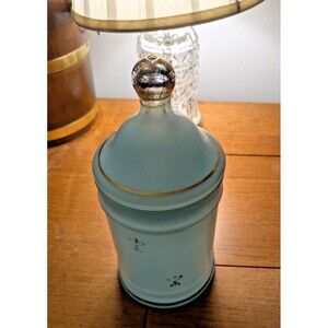 Vintage Light Blue Apothecary Glass Jar – Gold Fleur‑de‑Lis Design – Decorative